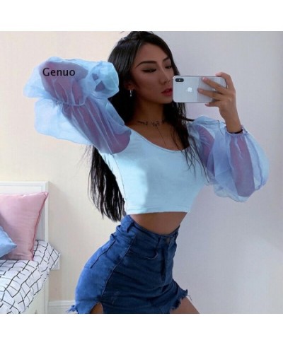 Women Sexy Off Shoulder Ruffles Organza Blouses Long Puff Sleeve Mesh Sheer Crop Top Shirt Off Shoulder Party Sweet Short $24...