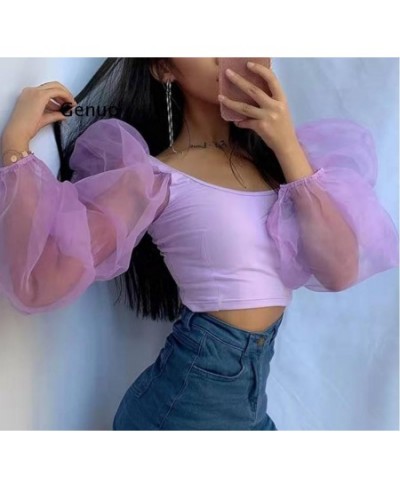 Women Sexy Off Shoulder Ruffles Organza Blouses Long Puff Sleeve Mesh Sheer Crop Top Shirt Off Shoulder Party Sweet Short $24...