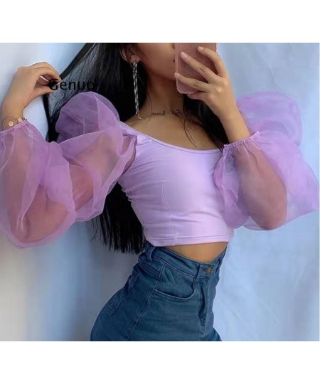 Women Sexy Off Shoulder Ruffles Organza Blouses Long Puff Sleeve Mesh Sheer Crop Top Shirt Off Shoulder Party Sweet Short $24...