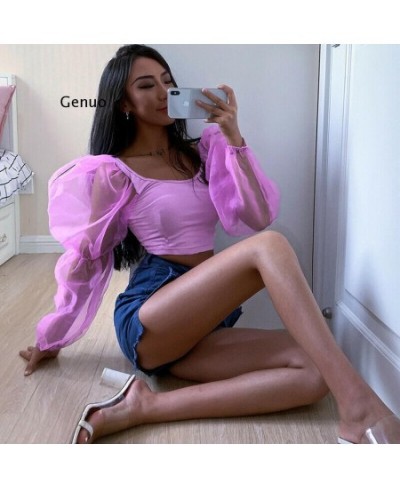 Women Sexy Off Shoulder Ruffles Organza Blouses Long Puff Sleeve Mesh Sheer Crop Top Shirt Off Shoulder Party Sweet Short $24...