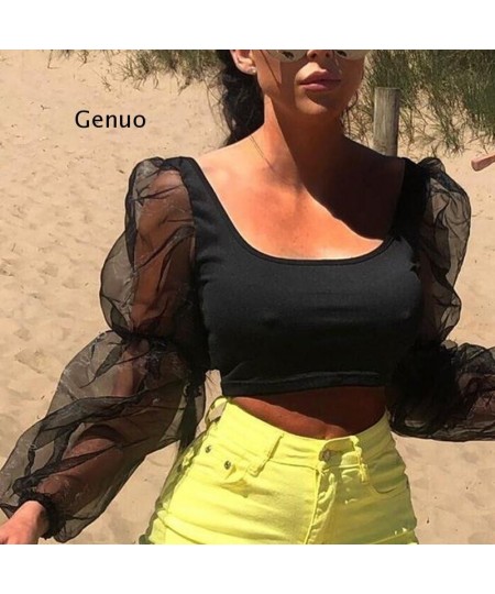 Women Sexy Off Shoulder Ruffles Organza Blouses Long Puff Sleeve Mesh Sheer Crop Top Shirt Off Shoulder Party Sweet Short $24...