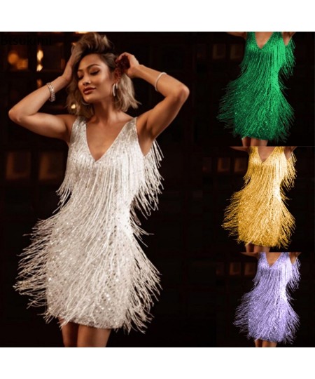 New Women Sexy Tassel Dress V Neck Backless Club Night Dresses Prom Ballroom Samba Fringe Dance Flapper Pencil Mini Dress S-5...