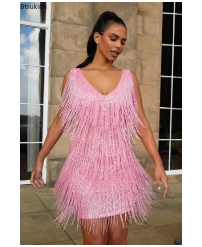 New Women Sexy Tassel Dress V Neck Backless Club Night Dresses Prom Ballroom Samba Fringe Dance Flapper Pencil Mini Dress S-5...