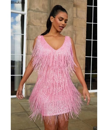 New Women Sexy Tassel Dress V Neck Backless Club Night Dresses Prom Ballroom Samba Fringe Dance Flapper Pencil Mini Dress S-5...