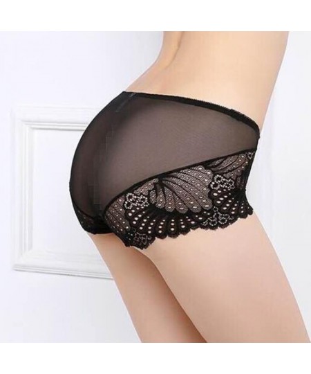 Women's Large Size Elastic Mesh Breathable Seamless Underwear Sexy Transparent Lace Panties Mid Waist Cotton Crotch Briefs A3...