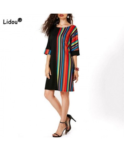 Fashion Round Neck Color Stripe Printing A-line Skirt Spring Autumn Women Clothes Elegant Pullover Half Sleeve Knee-Length $3...