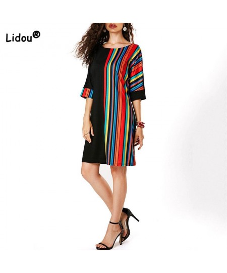 Fashion Round Neck Color Stripe Printing A-line Skirt Spring Autumn Women Clothes Elegant Pullover Half Sleeve Knee-Length $3...