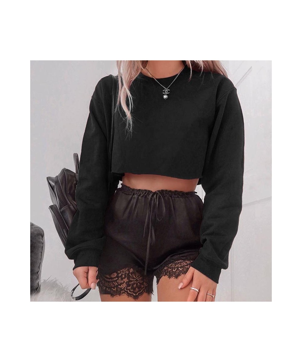 Fall Women's Sweatshirts Long Sleeve Crew Neck Solid Color Pullover Sweatshirt Hoodies Female Casual Loose Crop Tops $29.12 -...