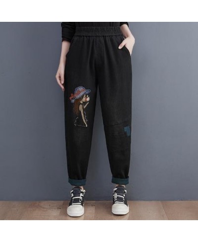 Women's New Winter Embroidered Denim Vintage Harem Pants Loose All-match Fleece Thickened Female Elastic Waist Loose Jeans 20...