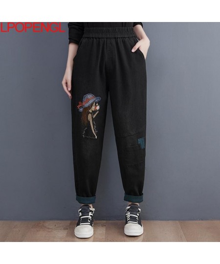 Women's New Winter Embroidered Denim Vintage Harem Pants Loose All-match Fleece Thickened Female Elastic Waist Loose Jeans 20...