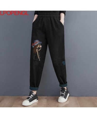 Women's New Winter Embroidered Denim Vintage Harem Pants Loose All-match Fleece Thickened Female Elastic Waist Loose Jeans 20...