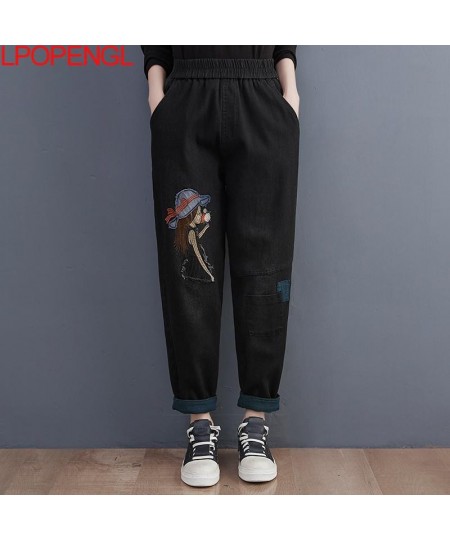 Women's New Winter Embroidered Denim Vintage Harem Pants Loose All-match Fleece Thickened Female Elastic Waist Loose Jeans 20...