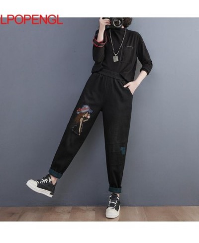 Women's New Winter Embroidered Denim Vintage Harem Pants Loose All-match Fleece Thickened Female Elastic Waist Loose Jeans 20...