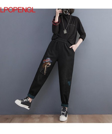 Women's New Winter Embroidered Denim Vintage Harem Pants Loose All-match Fleece Thickened Female Elastic Waist Loose Jeans 20...