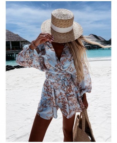 Sexy Deep V Neck Jumpsuit For Women Summer Casual Boho Beach Vacation Outfit Female Fashion Print Lantern Sleeve Rompers Shor...