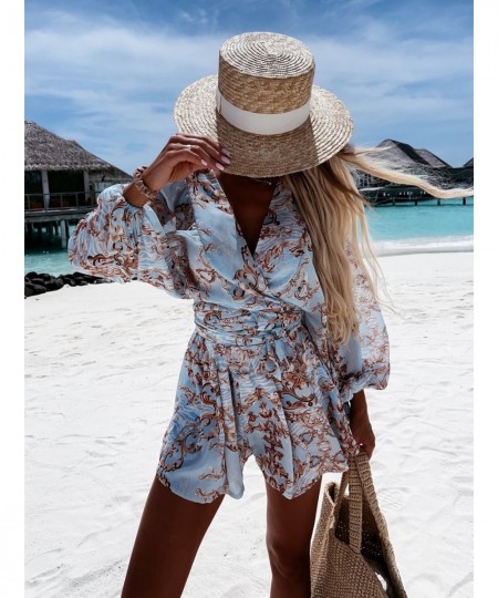 Sexy Deep V Neck Jumpsuit For Women Summer Casual Boho Beach Vacation Outfit Female Fashion Print Lantern Sleeve Rompers Shor...