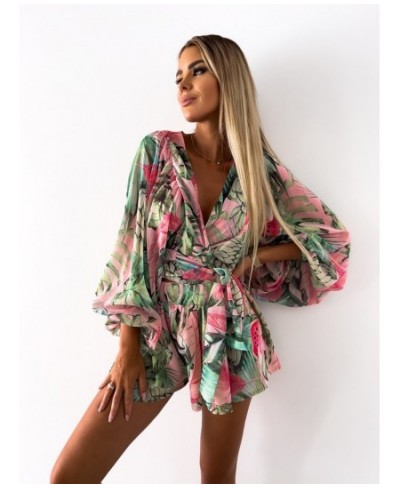 Sexy Deep V Neck Jumpsuit For Women Summer Casual Boho Beach Vacation Outfit Female Fashion Print Lantern Sleeve Rompers Shor...