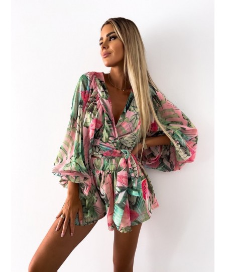 Sexy Deep V Neck Jumpsuit For Women Summer Casual Boho Beach Vacation Outfit Female Fashion Print Lantern Sleeve Rompers Shor...