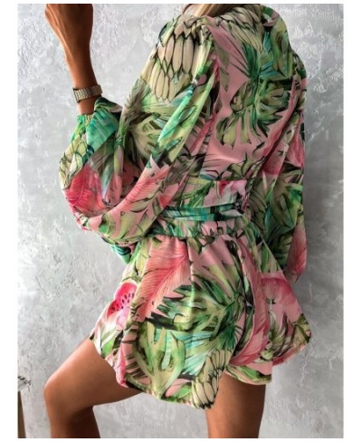 Sexy Deep V Neck Jumpsuit For Women Summer Casual Boho Beach Vacation Outfit Female Fashion Print Lantern Sleeve Rompers Shor...