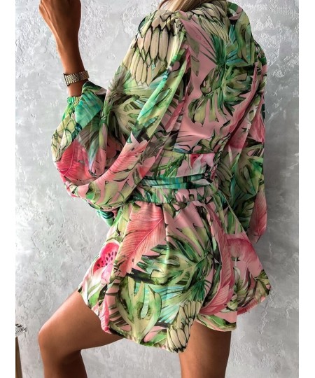 Sexy Deep V Neck Jumpsuit For Women Summer Casual Boho Beach Vacation Outfit Female Fashion Print Lantern Sleeve Rompers Shor...