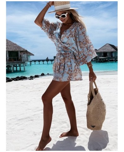 Sexy Deep V Neck Jumpsuit For Women Summer Casual Boho Beach Vacation Outfit Female Fashion Print Lantern Sleeve Rompers Shor...