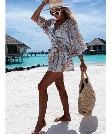 Sexy Deep V Neck Jumpsuit For Women Summer Casual Boho Beach Vacation Outfit Female Fashion Print Lantern Sleeve Rompers Shor...