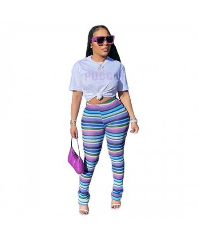 Streetwear Rainbow Striped Knit Ribbed Ruched Flare Legging Pants INS Active Sport Stretch High Waist Stacked Trousers $34.34...