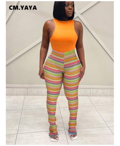 Streetwear Rainbow Striped Knit Ribbed Ruched Flare Legging Pants INS Active Sport Stretch High Waist Stacked Trousers $34.34...