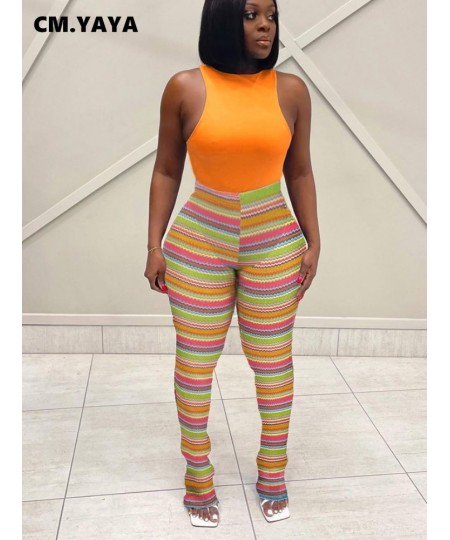 Streetwear Rainbow Striped Knit Ribbed Ruched Flare Legging Pants INS Active Sport Stretch High Waist Stacked Trousers $34.34...