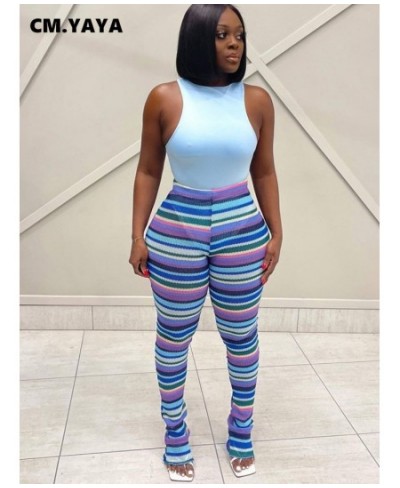 Streetwear Rainbow Striped Knit Ribbed Ruched Flare Legging Pants INS Active Sport Stretch High Waist Stacked Trousers $34.34...