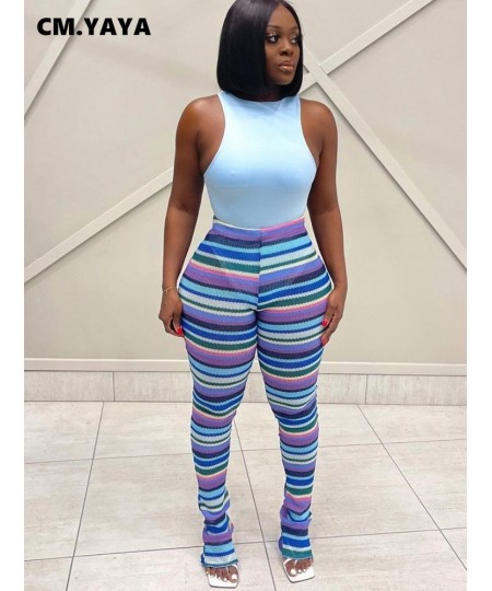 Streetwear Rainbow Striped Knit Ribbed Ruched Flare Legging Pants INS Active Sport Stretch High Waist Stacked Trousers $34.34...