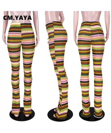 Streetwear Rainbow Striped Knit Ribbed Ruched Flare Legging Pants INS Active Sport Stretch High Waist Stacked Trousers $34.34...