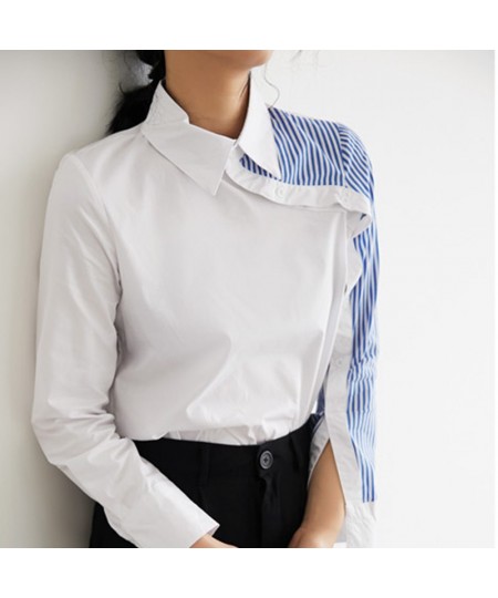 Women Turn Down Collar White Shirt Blouse Striped Patchwork Elegant Chic Korean Style Feminina Blusa T9O908F $36.88 - Blouses...