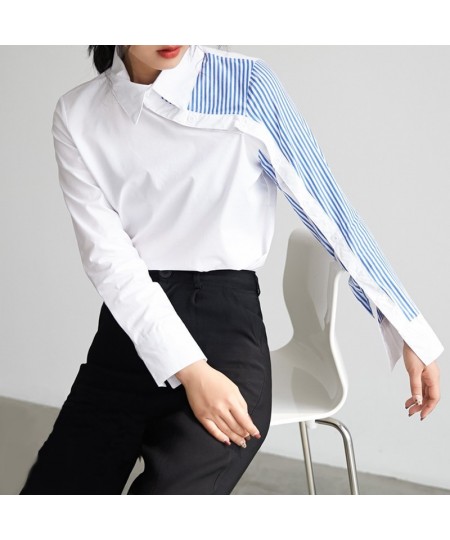 Women Turn Down Collar White Shirt Blouse Striped Patchwork Elegant Chic Korean Style Feminina Blusa T9O908F $36.88 - Blouses...