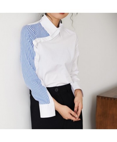 Women Turn Down Collar White Shirt Blouse Striped Patchwork Elegant Chic Korean Style Feminina Blusa T9O908F $36.88 - Blouses...