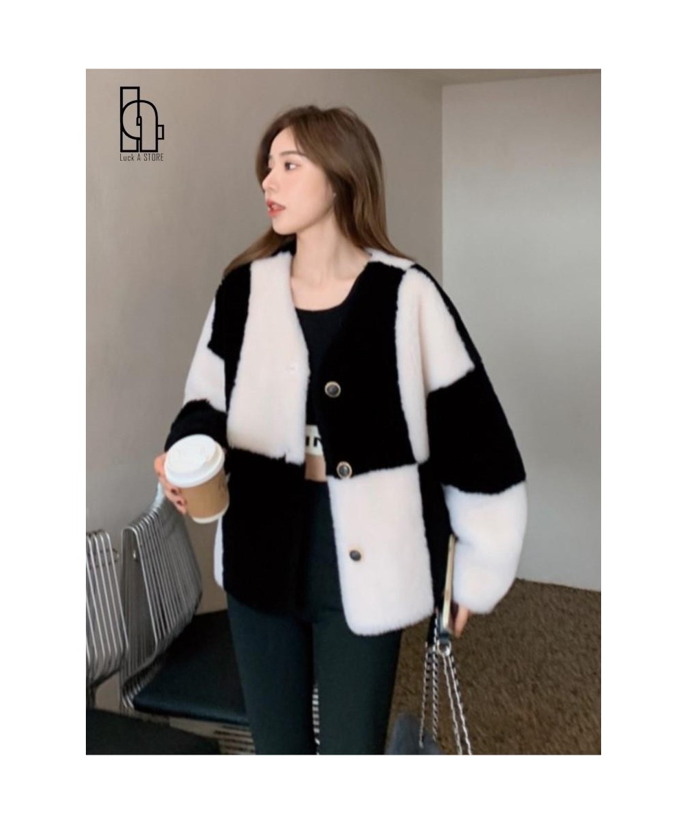 Autumn Winter New 2022 Checkerboard Wool Grain Fleece Lamb Fur Coat Women Sheep Sheared Faux Fur Coat $95.38 - Jackets & Coats