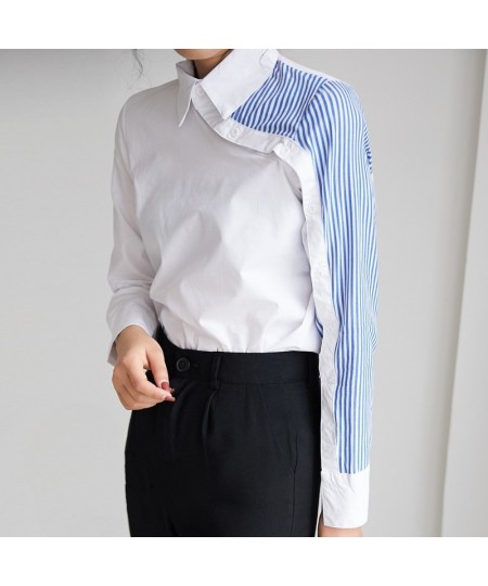 Women Turn Down Collar White Shirt Blouse Striped Patchwork Elegant Chic Korean Style Feminina Blusa T9O908F $36.88 - Blouses...