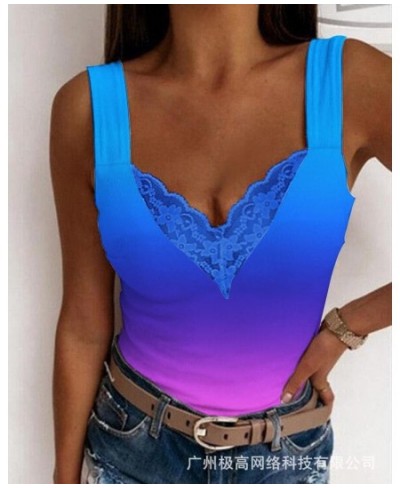 Summer Sexy Fashion Tank Top Y2K Contrast Lace Sleeveless V Neck Camis Tanks Top Short $34.24 - Tops & Tees