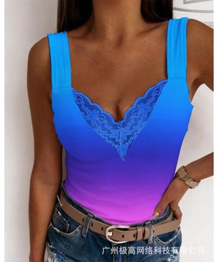 Summer Sexy Fashion Tank Top Y2K Contrast Lace Sleeveless V Neck Camis Tanks Top Short $34.24 - Tops & Tees