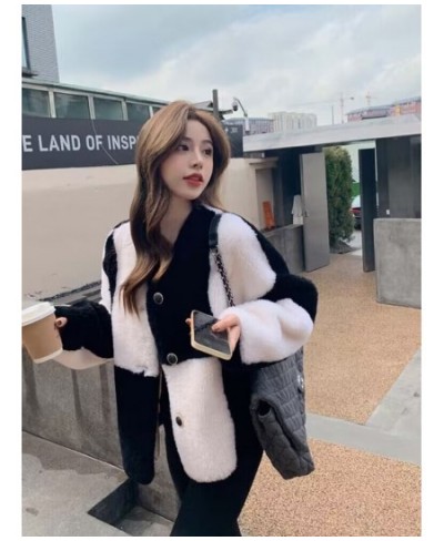 Autumn Winter New 2022 Checkerboard Wool Grain Fleece Lamb Fur Coat Women Sheep Sheared Faux Fur Coat $95.38 - Jackets & Coats