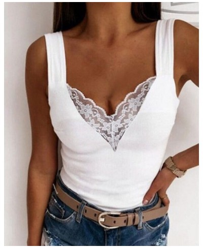 Summer Sexy Fashion Tank Top Y2K Contrast Lace Sleeveless V Neck Camis Tanks Top Short $34.24 - Tops & Tees