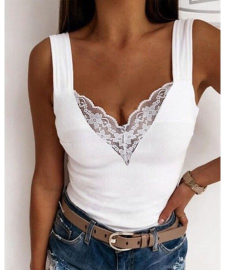 Summer Sexy Fashion Tank Top Y2K Contrast Lace Sleeveless V Neck Camis Tanks Top Short $34.24 - Tops & Tees