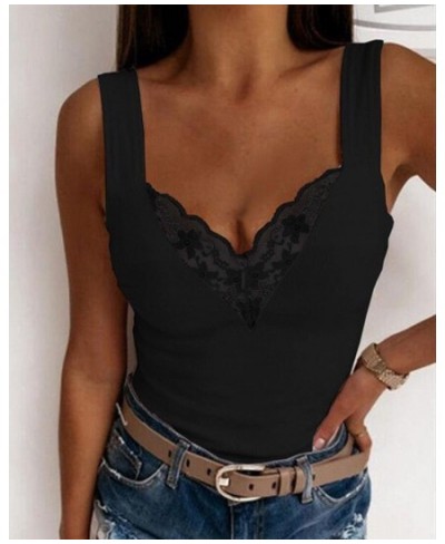 Summer Sexy Fashion Tank Top Y2K Contrast Lace Sleeveless V Neck Camis Tanks Top Short $34.24 - Tops & Tees