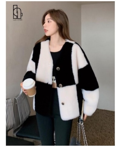 Autumn Winter New 2022 Checkerboard Wool Grain Fleece Lamb Fur Coat Women Sheep Sheared Faux Fur Coat $95.38 - Jackets & Coats