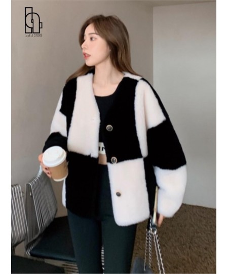 Autumn Winter New 2022 Checkerboard Wool Grain Fleece Lamb Fur Coat Women Sheep Sheared Faux Fur Coat $95.38 - Jackets & Coats