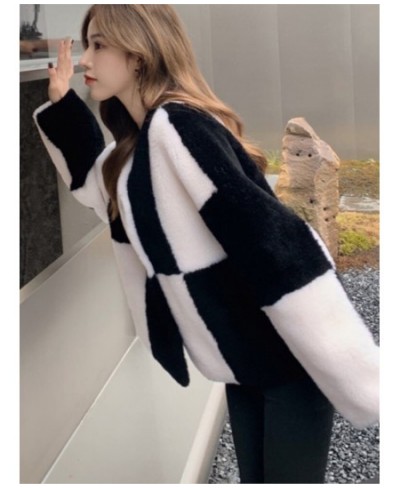 Autumn Winter New 2022 Checkerboard Wool Grain Fleece Lamb Fur Coat Women Sheep Sheared Faux Fur Coat $95.38 - Jackets & Coats