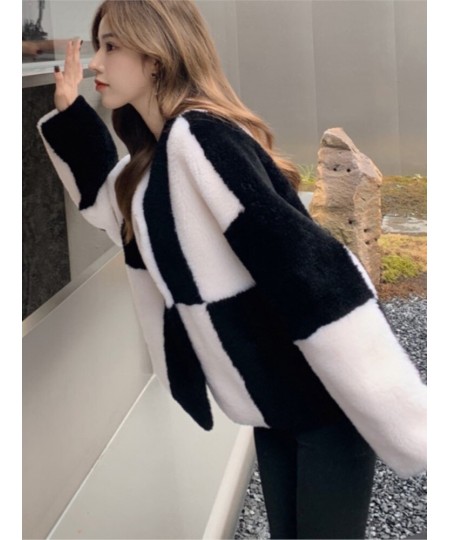 Autumn Winter New 2022 Checkerboard Wool Grain Fleece Lamb Fur Coat Women Sheep Sheared Faux Fur Coat $95.38 - Jackets & Coats