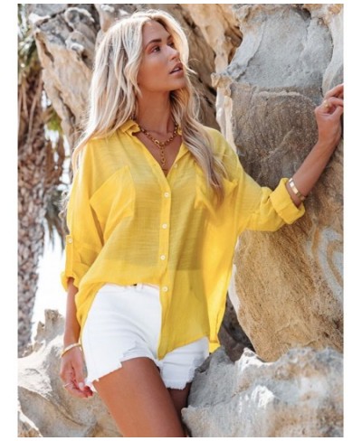 Beach Shirts Summer Women Bikini Cover Up Solid Turn Down Collar Pockets Holiday Bathing Suits Beachwear $35.07 - Swimsuit