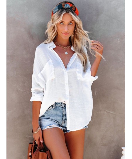 Beach Shirts Summer Women Bikini Cover Up Solid Turn Down Collar Pockets Holiday Bathing Suits Beachwear $35.07 - Swimsuit