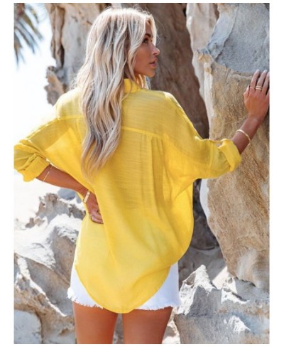 Beach Shirts Summer Women Bikini Cover Up Solid Turn Down Collar Pockets Holiday Bathing Suits Beachwear $35.07 - Swimsuit